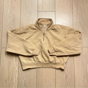 Aritzia TNA Cozy Fleece Perfect 1/4 Zip Cropped Sweatshirt Tan Beige Size Medium